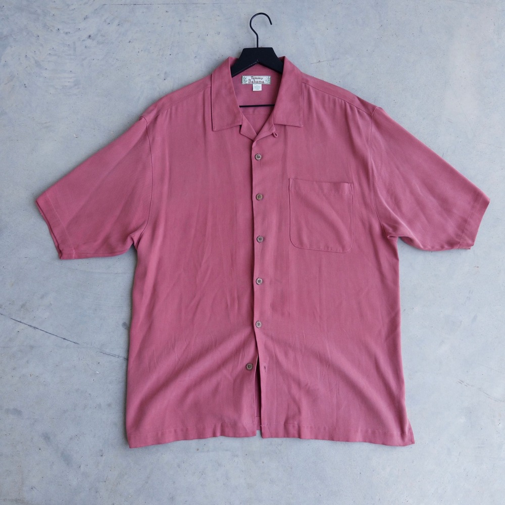 Tommy Bahama Herringbone Camp Shirt Mens Large Pink Silk Short Sleeve Button Up